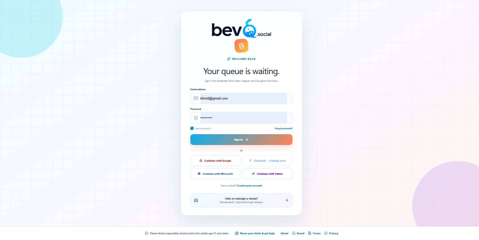 Current BevQ.social sign-in page with email and supported identity-provider choices