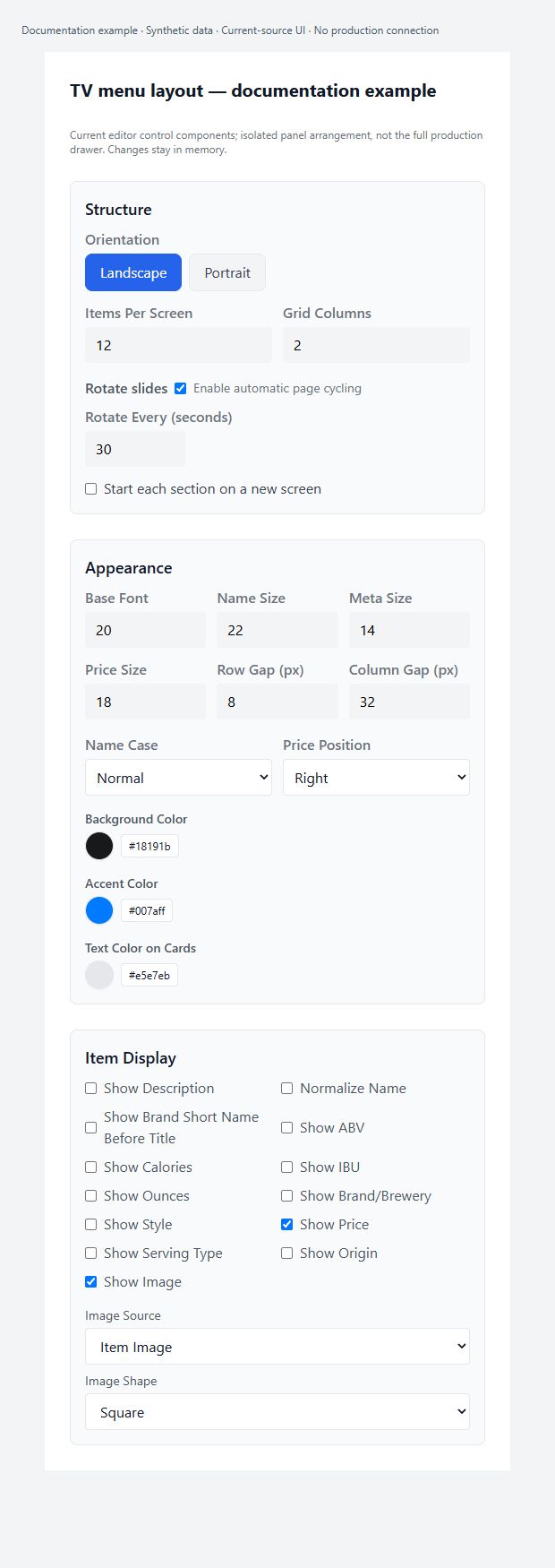 Actual TV menu Structure, Appearance and Item Display components arranged as isolated documentation panels with synthetic values; not the full production drawer