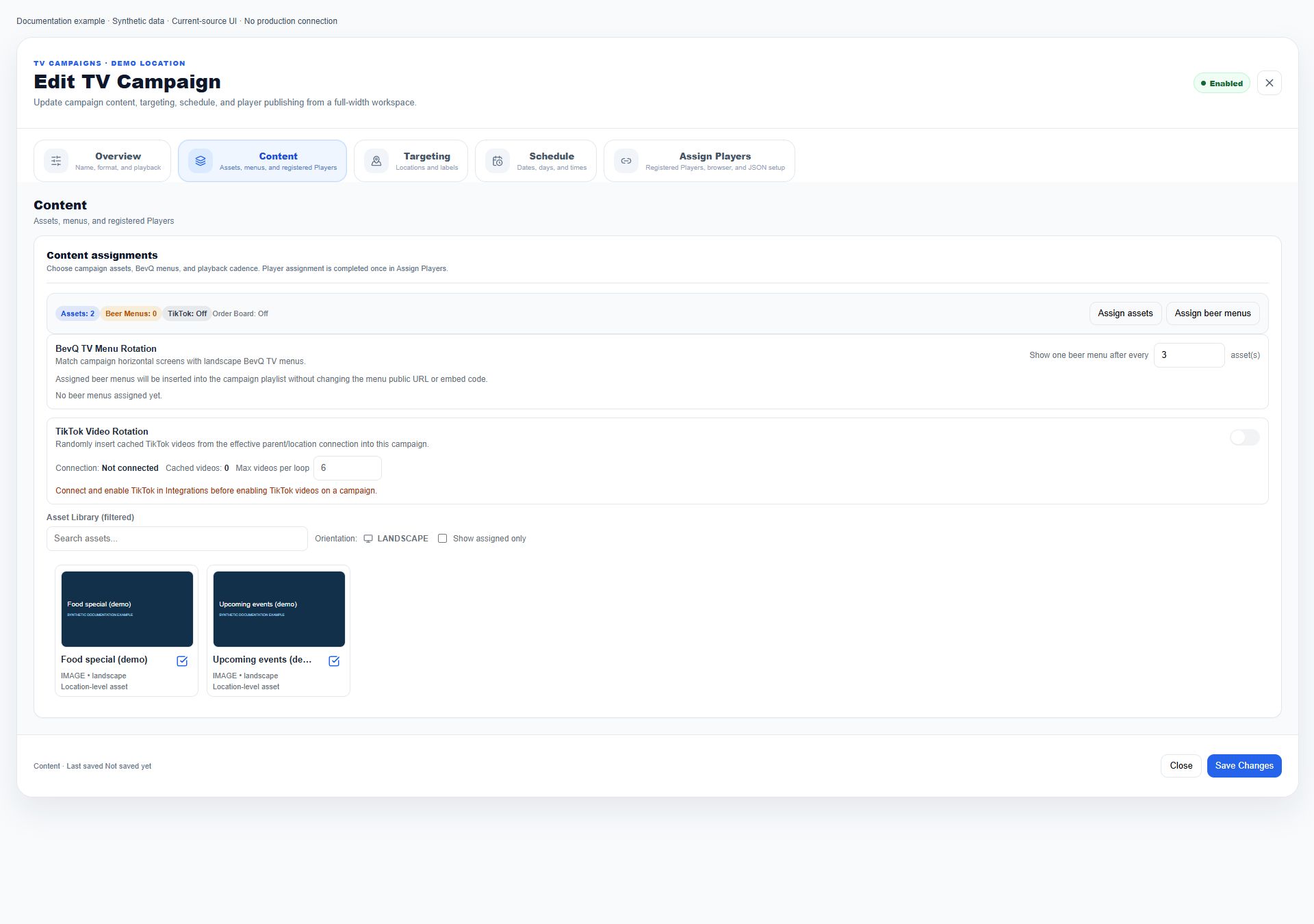 Current-source Content assignments with two synthetic assets, menu cadence, and disconnected TikTok state