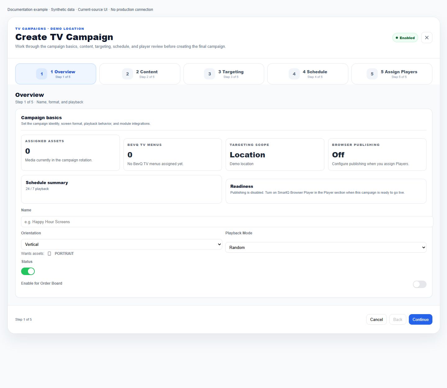 Actual current-source new campaign Overview with empty name, default format and playback, five creation steps, and footer controls