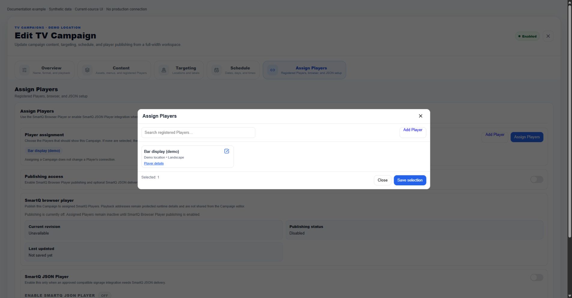 Current-source Assign Players dialog with synthetic registered landscape Player, search, selected count, and Save selection