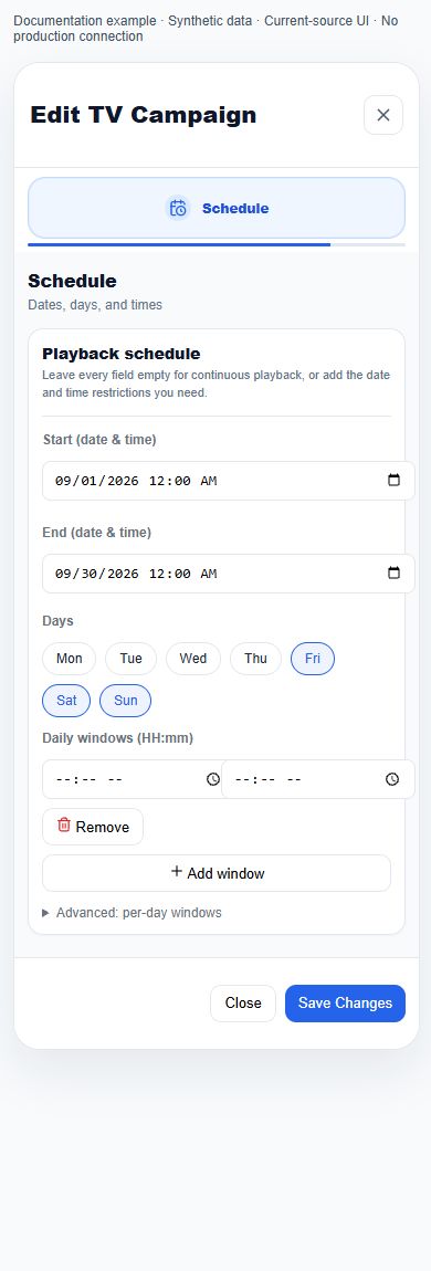 Current-source Schedule at 390 CSS pixels: stacked dates and wrapped weekday controls. Reached on desktop then resized; existing-editor mobile tab navigation is unavailable, so this is responsive rendering evidence only