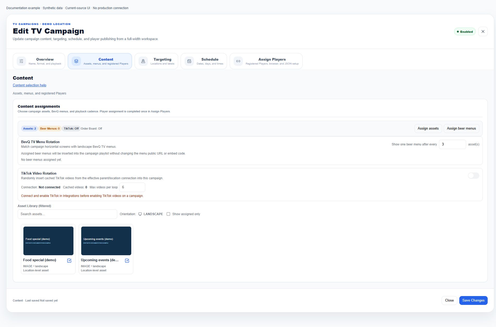 Campaign content panel with synthetic assigned assets, menu cadence and disconnected TikTok prerequisite; not proof of saved assignment