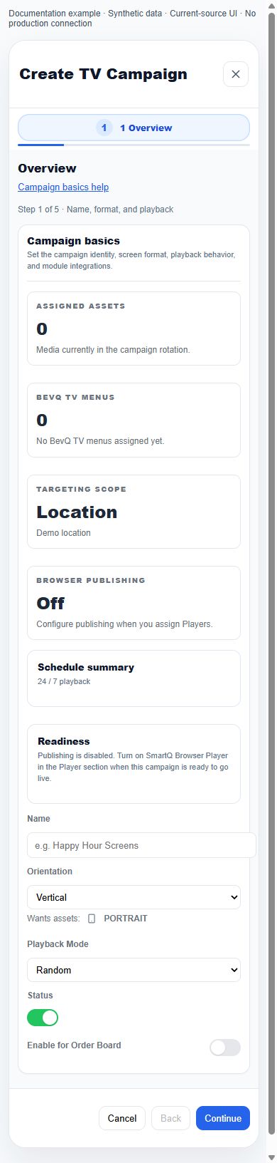 390px actual campaign creation overview with stacked controls and Cancel, Back, Continue footer