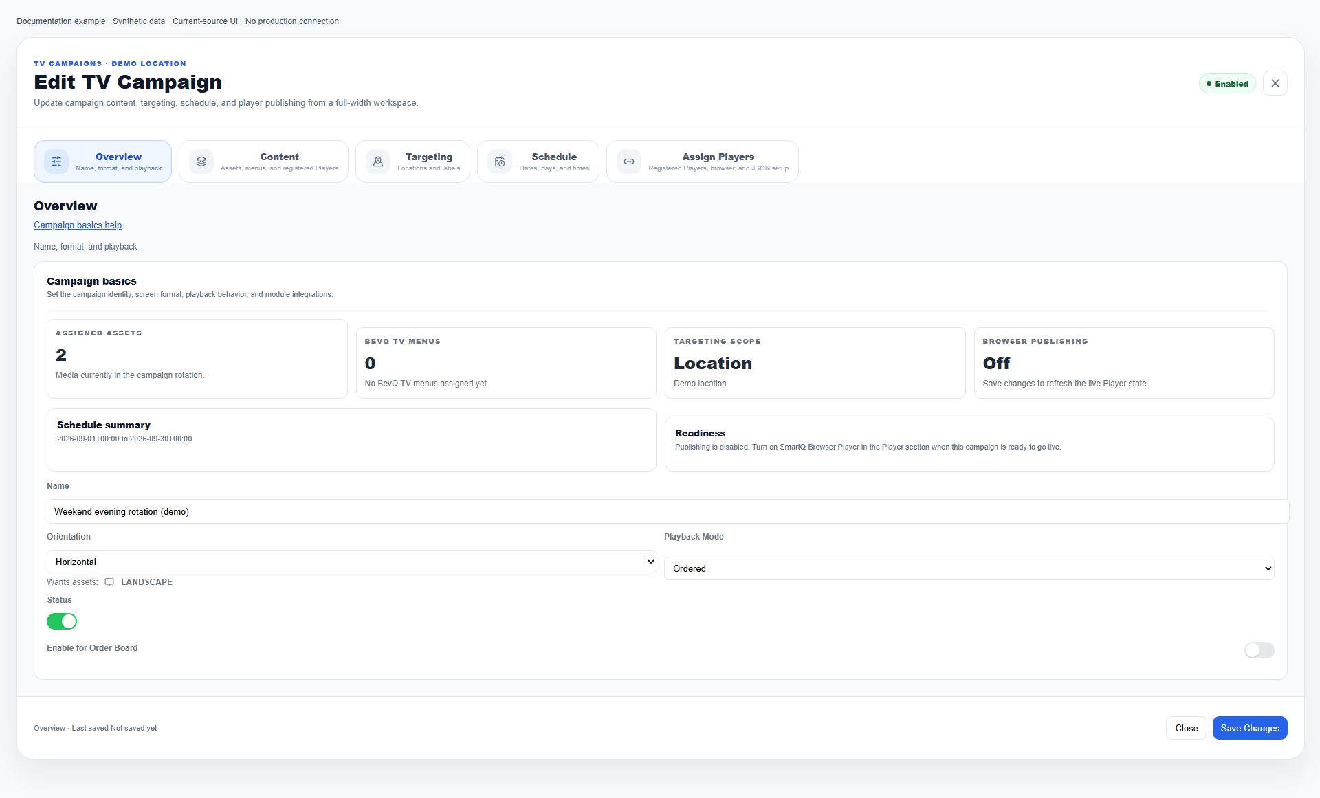 Complete campaign overview with identity, orientation, playback mode, status and footer actions