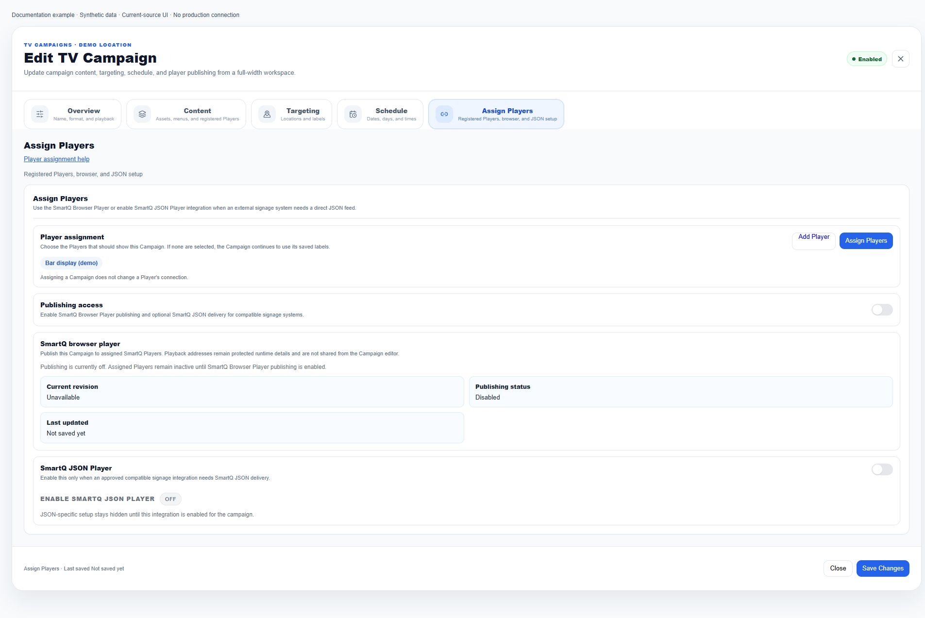 Player assignment panel with publishing and JSON delivery disabled, synthetic assigned Player and save controls
