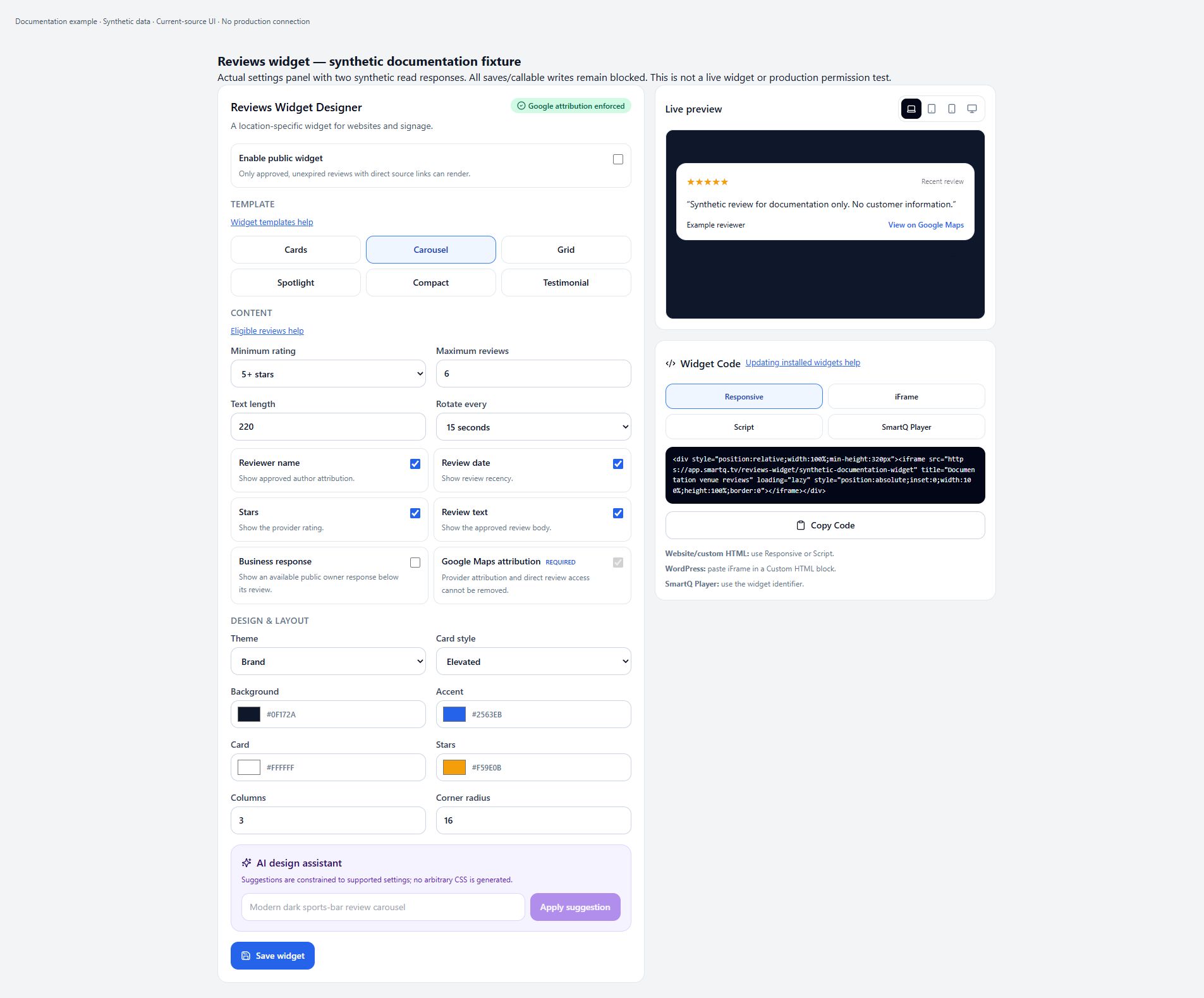 Complete actual Reviews widget settings panel with synthetic review and embed identifier, content controls, appearance, save and exact-section help