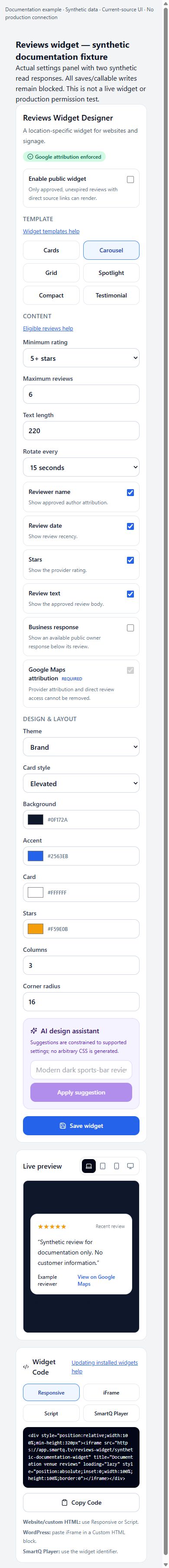 Actual Reviews widget editor at 390 CSS pixels in a same-origin fixture frame: stacked controls, full-width save and preview/code below the form; not a physical-device or touch test