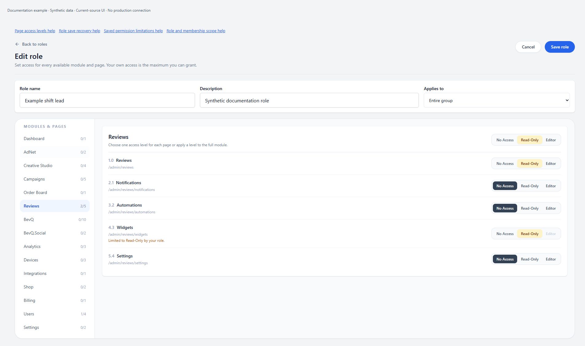 Actual custom-role editor, desktop synthetic example: Reviews page permissions, restricted Widgets Editor choice, and exact-section help. This does not prove those permissions are retained on save.