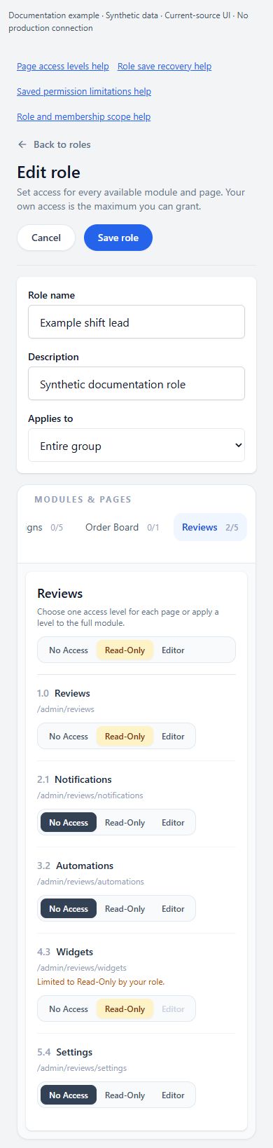 Actual custom-role editor, mobile synthetic example: Reviews page permissions, restricted Widgets Editor choice, and exact-section help. This does not prove those permissions are retained on save.