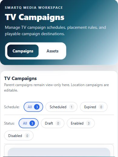 Actual deployed campaign page at a 390-pixel mobile viewport: stacked controls and no New TV campaign or List/Grid switch